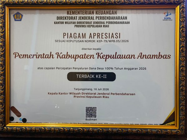Tembus 100 Persen Penyaluran Dana Desa 2026, Pemkab Kepulauan Anambas Raih Penghargaan Terbaik II se-Kepulauan Riau